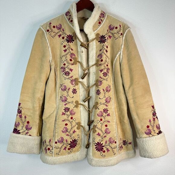 Vintage Y2K St John’s Bay Floral Embroidered Suede Jacket Large Sherpa Pennylane - Picture 1 of 10